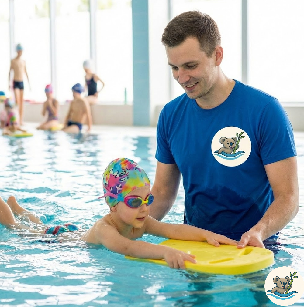 Instruktor szkoły Pływająca Koala w koszulce z logo pomaga dziecku pływać z deską na basenie w Warszawie (Wola). Zacznij kurs pływania od lutego!