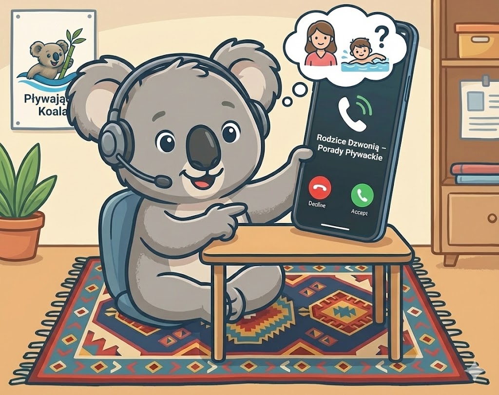 Ilustracja koali-konsultanta z Pływającej Koali w słuchawkach, siedzącego przy biurku i odbierającego telefon z napisem 'Rodzice Dzwonią – Porady Pływackie'. Grafika zachęca do kontaktu ze szkołą pływania w Warszawie.