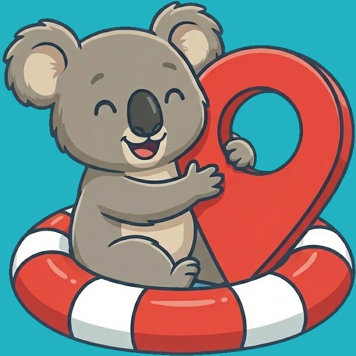 Uśmiechnięta koala siedząca w czerwono-białym kole ratunkowym na falach, przytulająca dużą czerwoną pinezkę Google Maps.