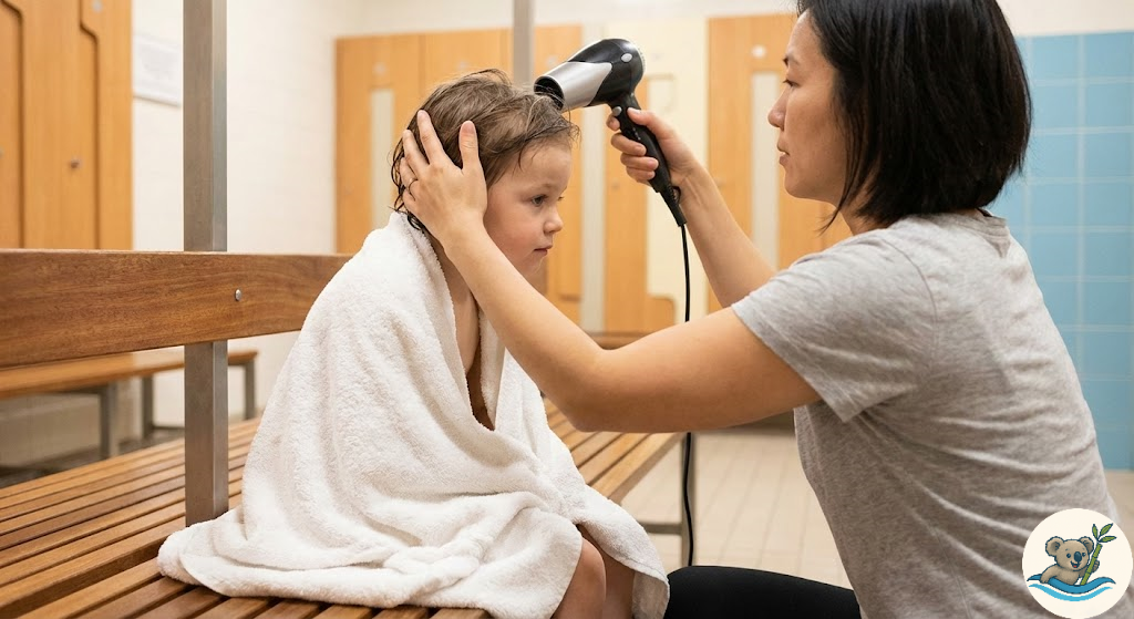 Rodzic w ciepłej szatni basenowej dokładnie suszy suszarką włosy dziecku owiniętemu w biały ręcznik.