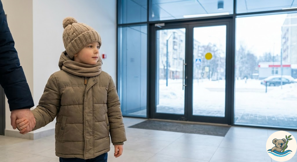 Dziecko w grubej zimowej czapce, szaliku i ciepłej kurtce, trzymając rodzica za rękę, stoi w holu pływalni gotowe do wyjścia na zewnątrz.