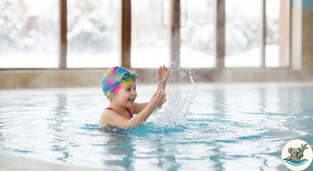 Uśmiechnięty kilkulatek w czepku i okularkach pływackich radośnie chlapie wodą w ciepłym basenie wewnętrznym, podczas gdy za oknem widać śnieg.