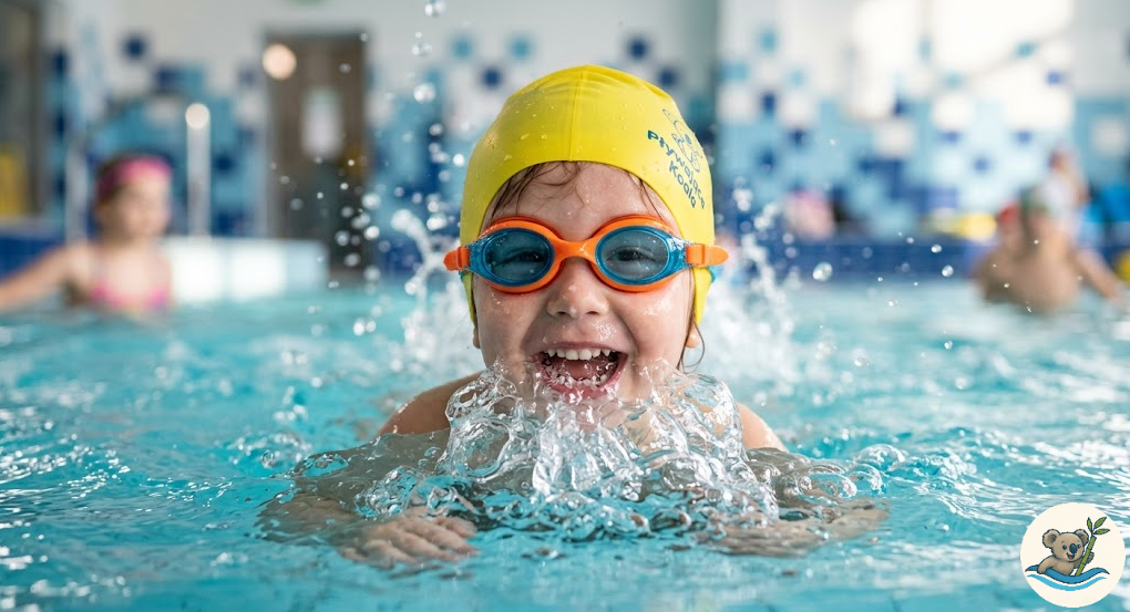 Małe dziecko w goglach dmucha powietrze do wody na basenie, robiąc bąbelki.