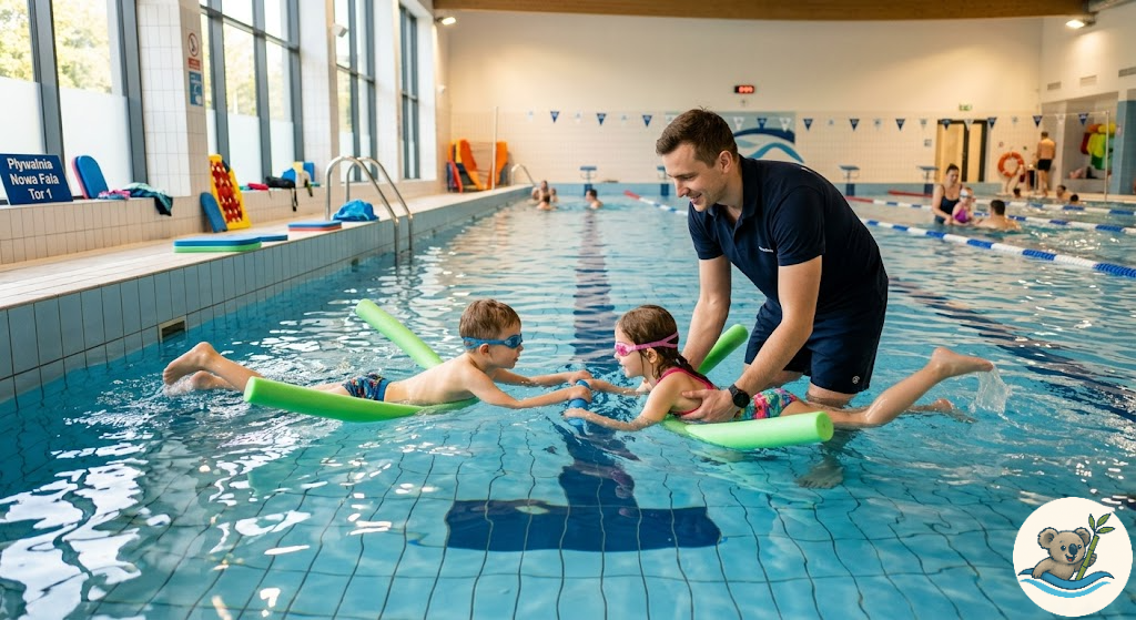 Instruktor pływania asekuruje dziecko na piankowym makaronie w basenie na Woli.