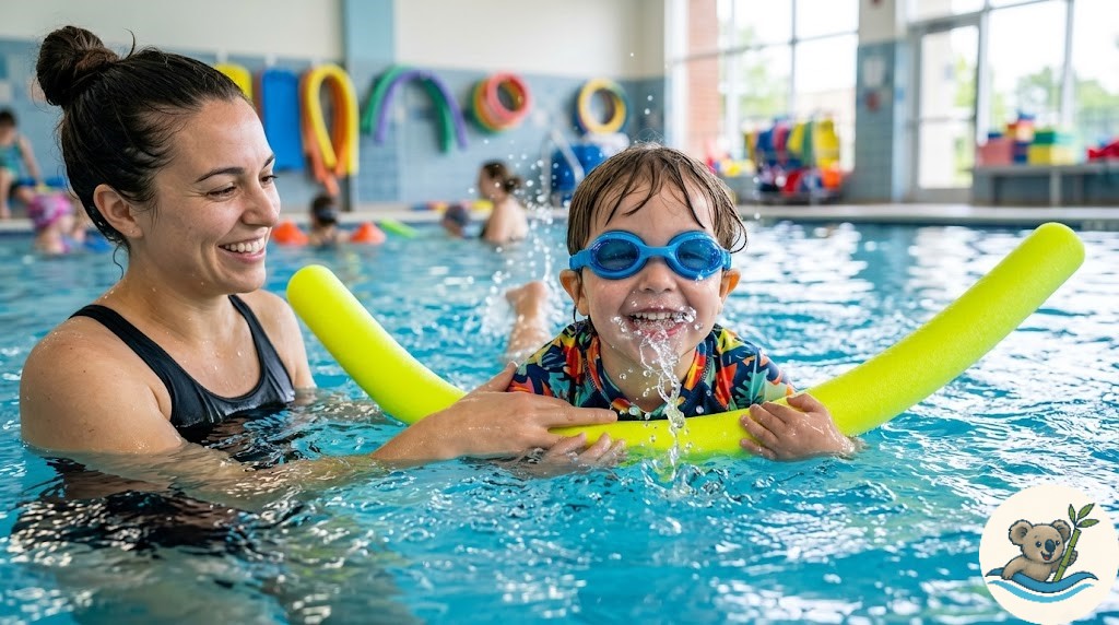 Dziecko w okularkach pływa na piankowym makaronie przy asekuracji instruktora podczas lekcji w szkole Pływająca Koala.