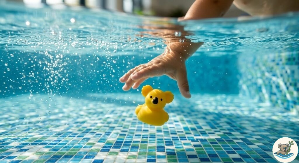 Przejrzysta, błękitna woda ozonowana w brodziku basenu dla dzieci na Woli, rączka dziecka chwyta żółtą zabawkę.