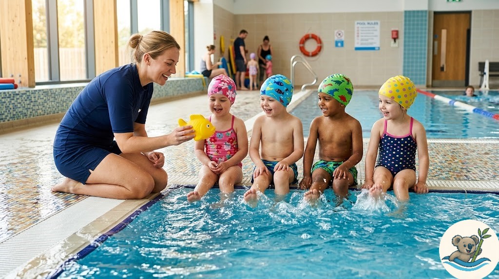 Dzieci w czepkach siedzą na brzegu płytkiego basenu i pluskają nogami w wodzie, przygotowując się do lekcji pływania.