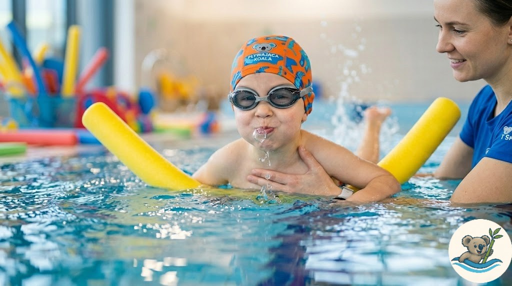 Uśmiechnięte dziecko i instruktorka w wodzie podczas pierwszej lekcji pływania w szkole Pływająca Koala na warszawskiej Woli.