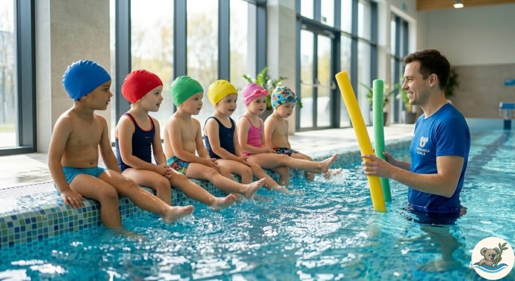 Grupa dzieci w czepkach na brzegu ciepłego basenu na Woli słucha instruktora szkoły pływania Pływająca Koala.