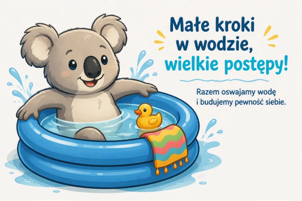 Ilustracja koali w basenie symbolizująca spokojne oswajanie dziecka z wodą i stopniową naukę pływania.