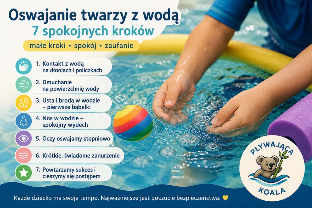 Infografika: oswajanie twarzy dziecka z wodą w 7 spokojnych krokach – Pływająca Koala.